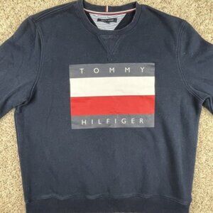 Tommy Hilfiger Sweater Mens Large Blue Long Sleeve Crew Neck Cotton BIG LOGO
